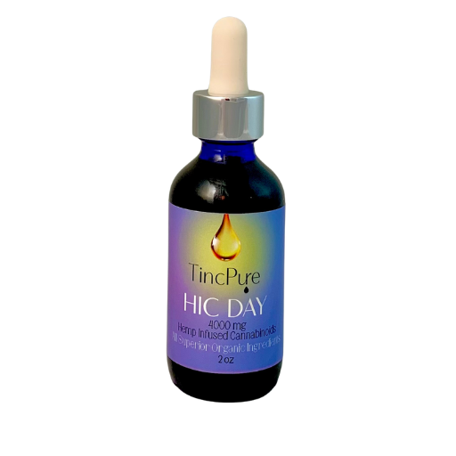 TincPure HIC Day tincture bottle with gradient purple label and dropper cap